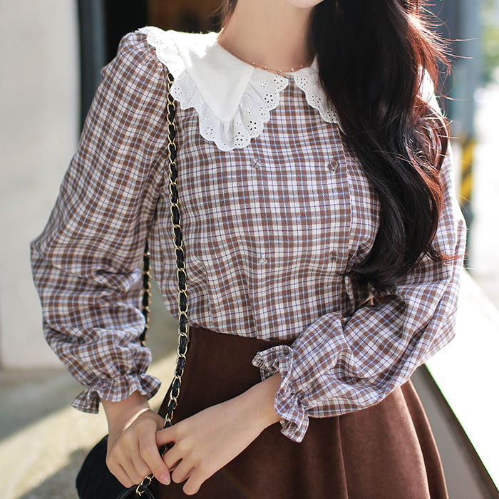 소녀체크카라*blouse/a0908